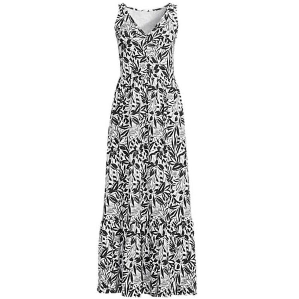 Lands End Floral Tiered Maxi Dress Size 3X Neutral Black White Stretch Knit NEW